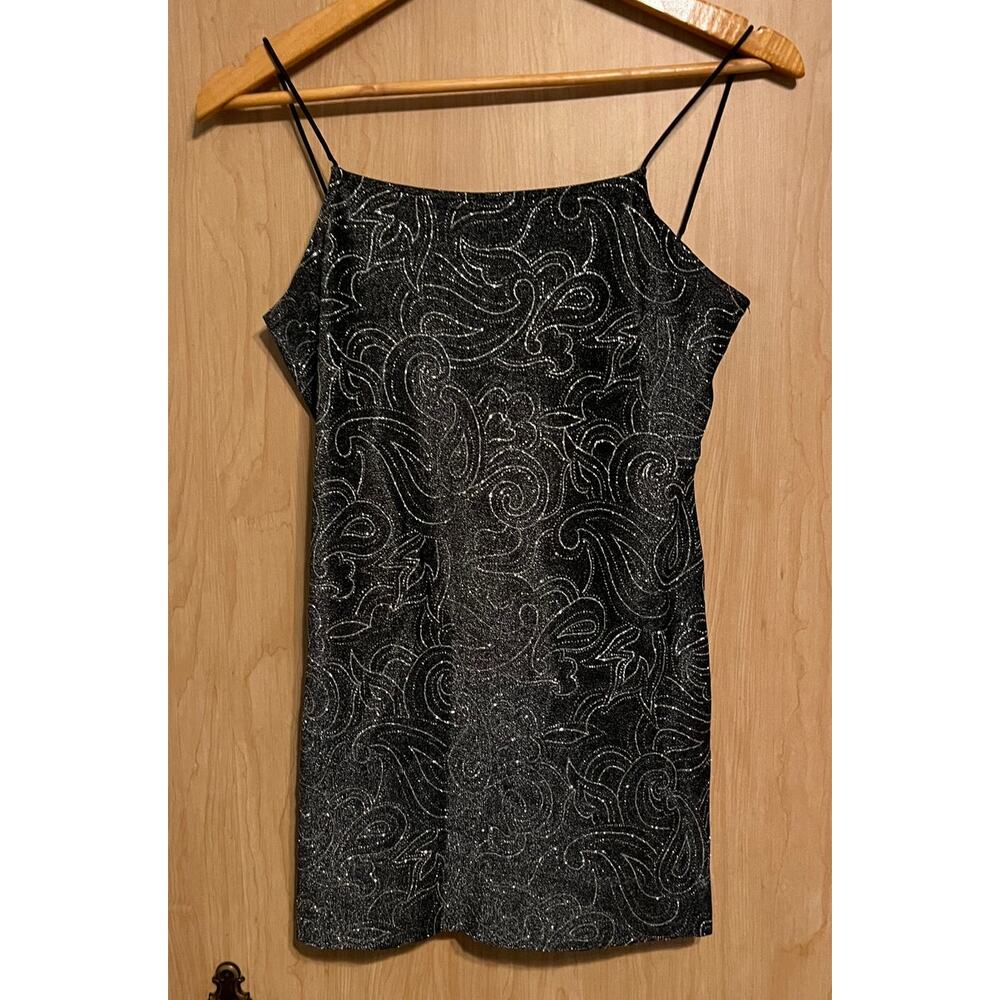 Vintage JUMP Sparkly Mini Dress Paisley Black Silver Sz 9/10 Open Back Y2K